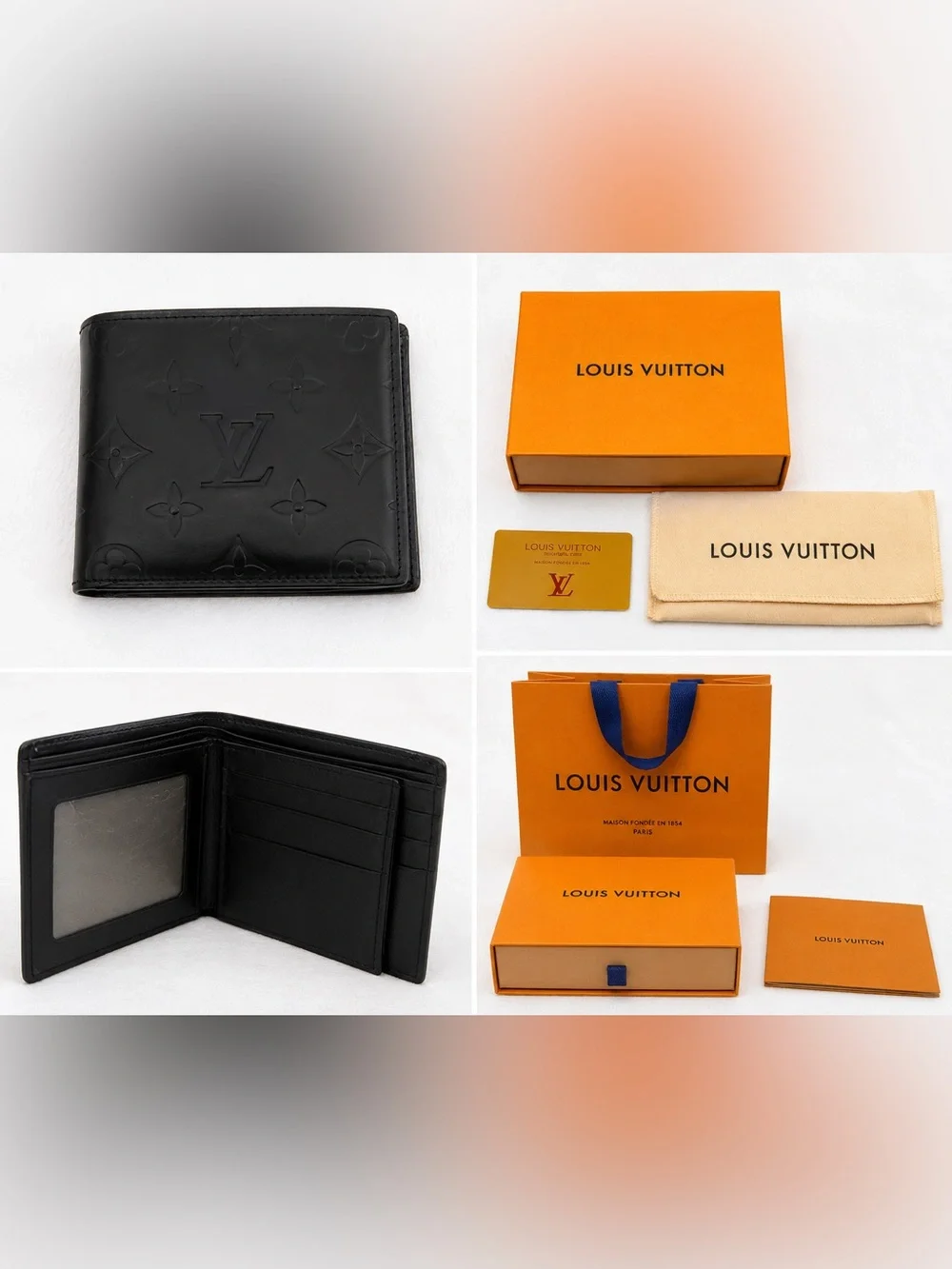Louis Vuitton Black Monogram Embossed Bi-Fold Wallet with Orange Box